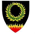 Baronial Device - Sable, on an annulet of flame Or a laurel wreath vert, a base of flame proper
