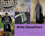 Investiture of Duncan II and Violet II of Oertha. Birka based outfits. Apron dress is an interpretation of Birka 735 grave find. Wool, Silk, and Linen. Stamped silk. Machine constructed with all visible seams and applique by hand. All patterns drafted from measurements.