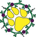 (Fieldless) A pawprint bendwise Or within and conjoined to a chaplet vert flowered of clover blossoms affronty purpure.