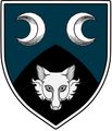 Per chevron enarched azure and sable, an increscent, a decrescent, and a fox's mask, a bordure argent.