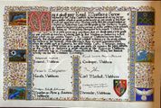Vindheim Petition for Principality. Calligraphy by Annais Elanor de Montomerie, illumination by Lillias MacGuffin.