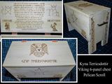 Viking 6-panel chest made for Mistress Kyna Terricsdottir elevation to the Order of the Pelican. Scroll text w/ Royal signatures on the inside of the lid. Poplar wood with pyrographic art. Total construction time, 3 weeks.