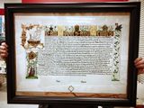 Commissioned Pelican scroll for Mistress Eleanora Elizabeth Caley Presented at Gulf Wars. I designed and painted the illumination, Elen Verch Phelip designed and wrote the Calligraphy. This was my first time gilding a scroll, and also my first peerage scroll.